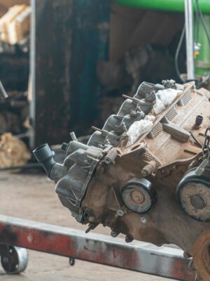 A detailed view of a car engine suspended in a workshop, perfect for automotive repair themes.